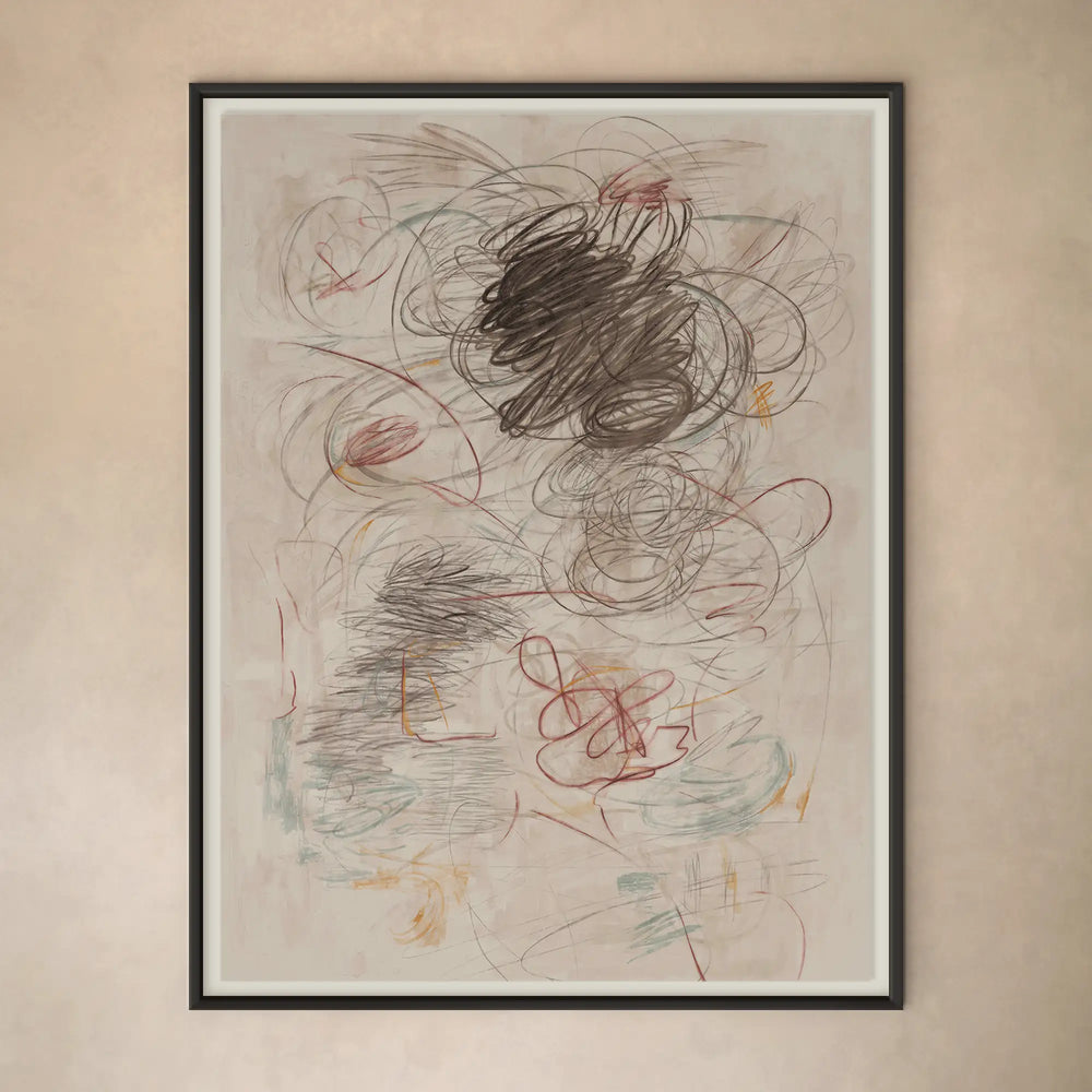 Lemieux et Cie Brouillard 1 abstract fine art print in soft swirls and misty tones, framed artwork hung on warm neutral plaster wall.