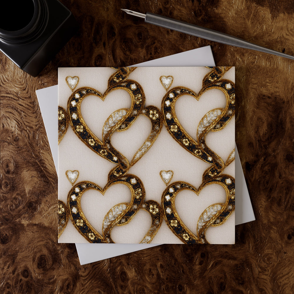 Lemieux et Cie Bijou Amour Greeting Card Set with gold heart motif on ivory linen paper, styled on figured burl wood surface with envelope and pen.