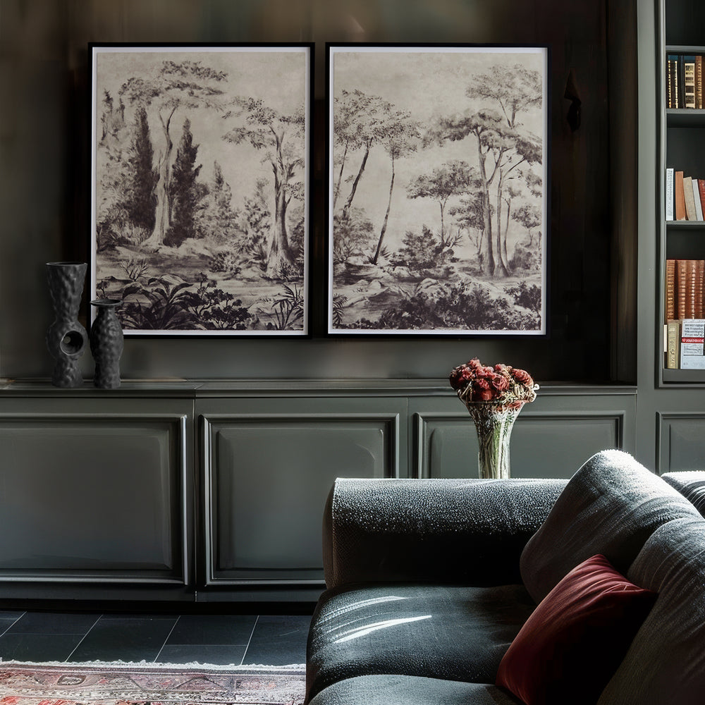 Lemieux et Cie Bois de Boulogne diptych print in black and white, framed woodland panorama art hung above paneled wainscoting in sitting room.