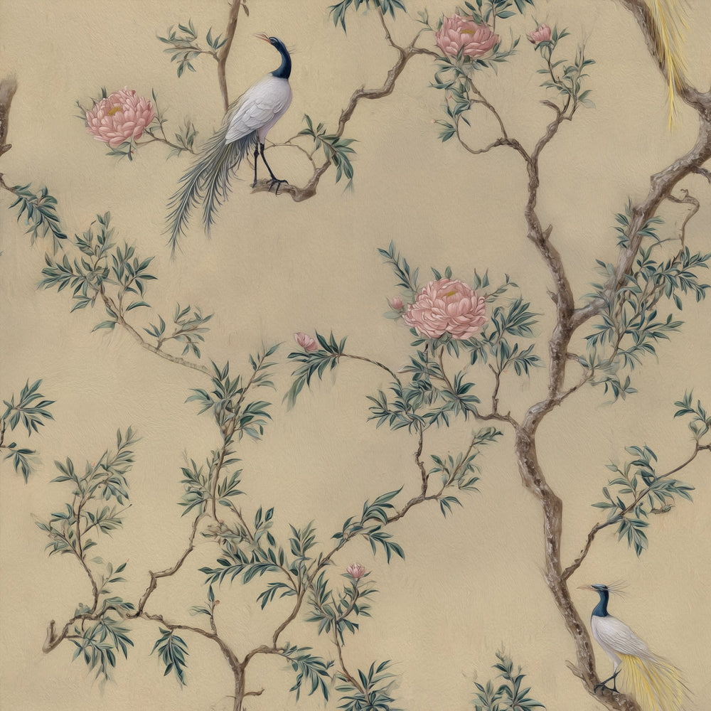 Lemieux et Cie Botanical Gold Wallpaper in beige with birds, pink blooms and green foliage, chinoiserie-inspired wallcovering shown in detailed close-up.