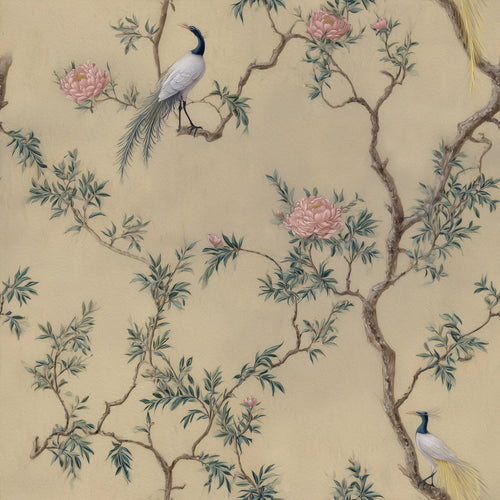 Lemieux et Cie Botanical Gold chinoiserie wallpaper peel and stick with peonies and birds, inspired by oriental wallpaper.