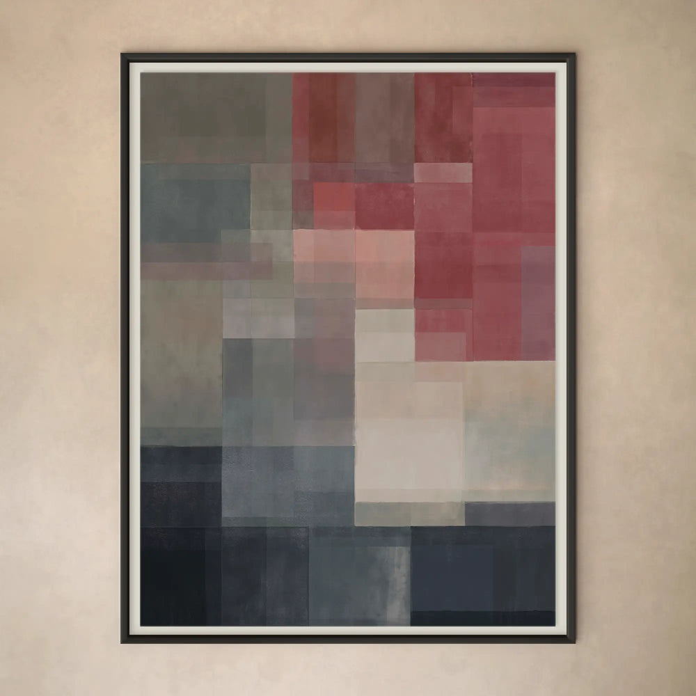 Lemieux et Cie Champ De Couleur 1 fine art print, geometric composition in rose, grey and charcoal tones, framed on neutral plaster wall.