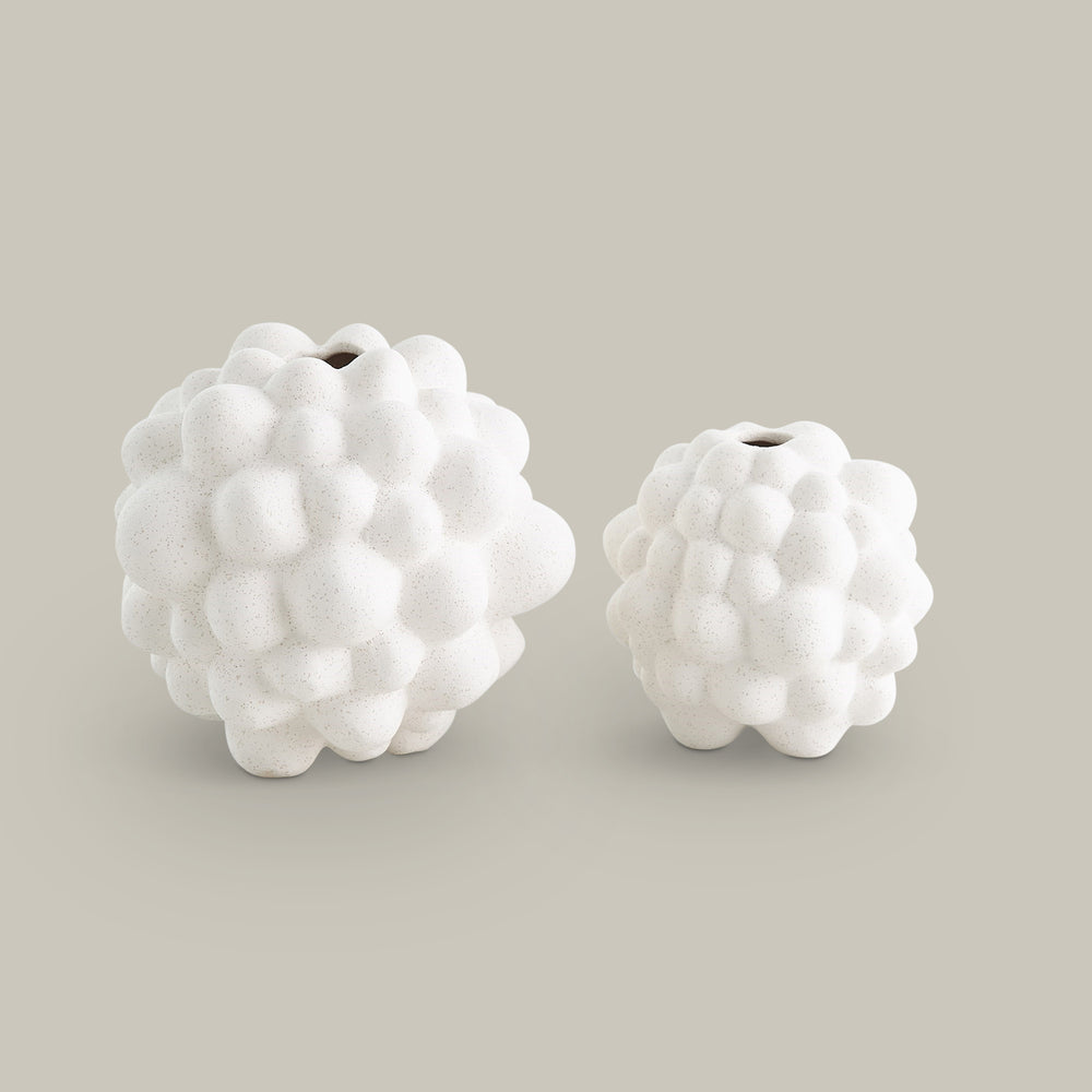 Lemieux et Cie Bubble Vase in white with organic clustered form, sculptural ceramic vase shown in two sizes on neutral studio backdrop.