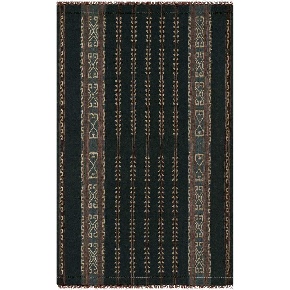 Lemieux et Cie handwoven rug in deep teal with geometric border and striped field, shown on white studio backdrop