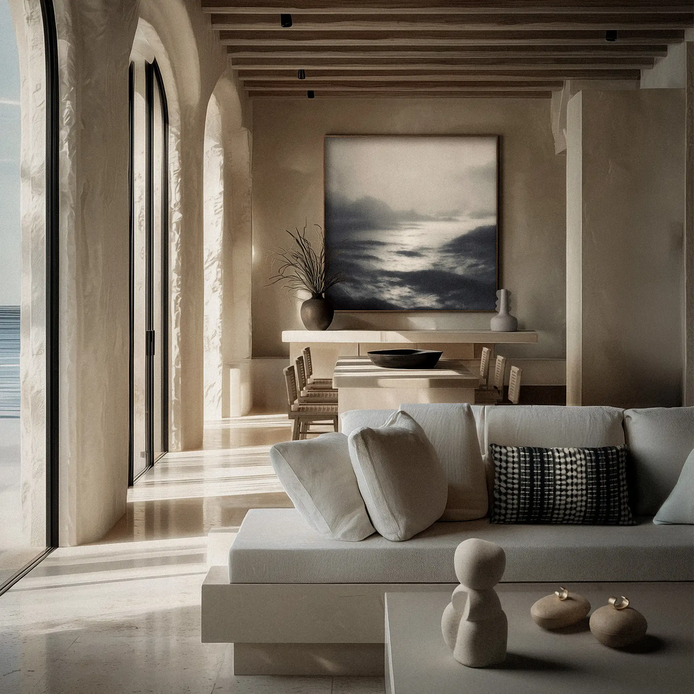 Lemieux et Cie Cabourg Limited Edition Art Print, seascape art in warm and cool tones, displayed in a neutral sitting room with exposed wood beams and arched plaster walls.