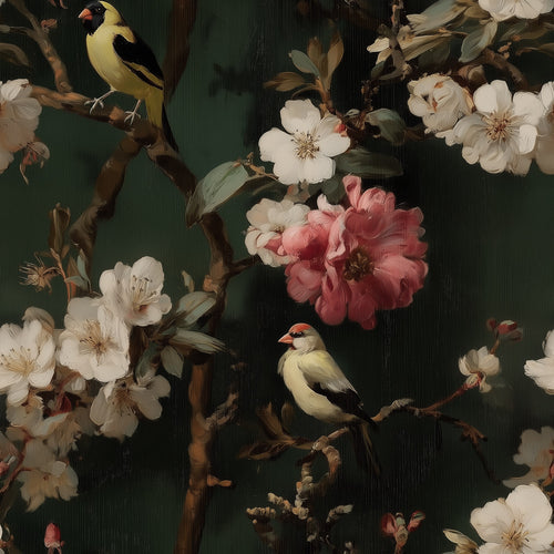 Lemieux et Cie Canary Blossom green chinoiserie wallpaper with dark floral birds, de Gournay wallpaper style.