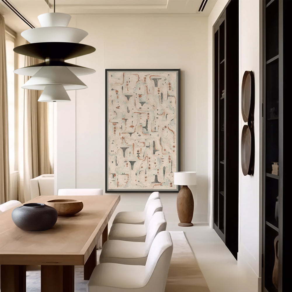 Lemieux et Cie La Fougère print, abstract gouache and pastel artwork in warm tones, hung above a neutral dining room with track lighting and wood table