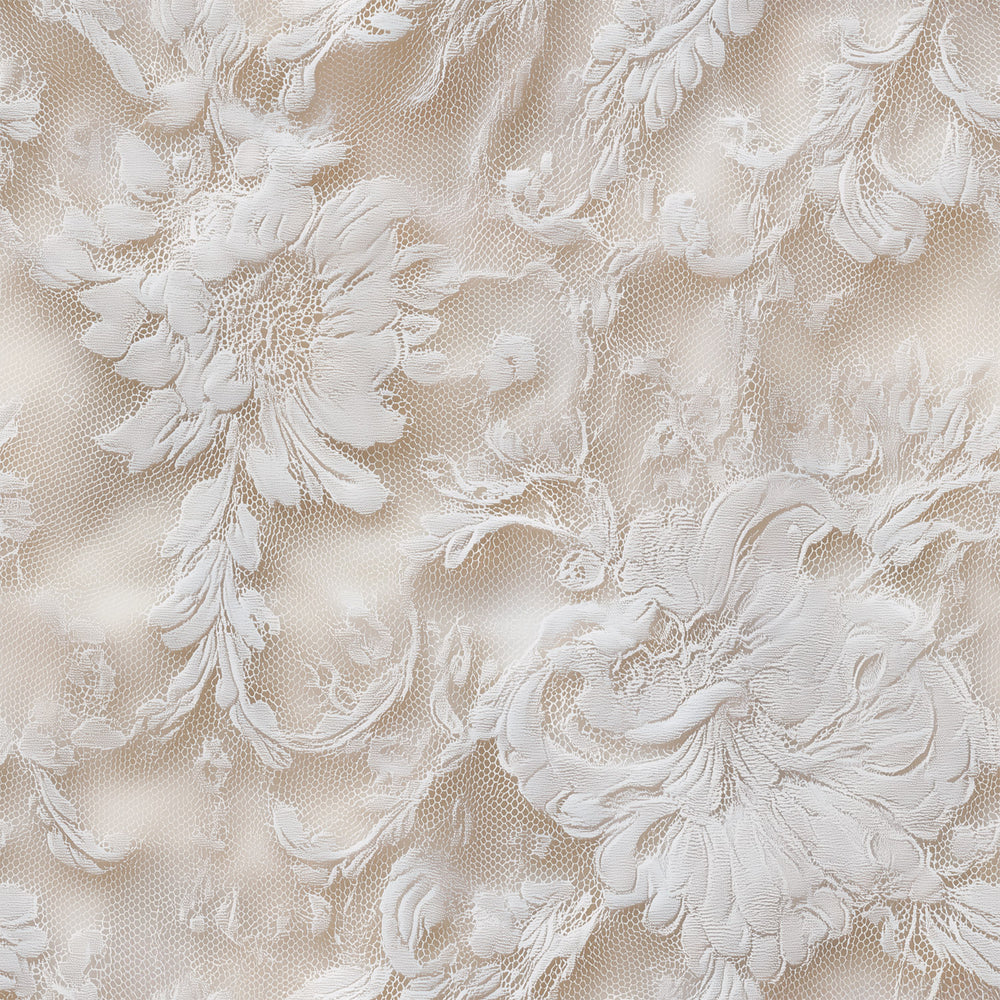 Lemieux et Cie Chantilly Lace Wallpaper in ivory, woven floral damask pattern, close detail of textured lace-inspired design on neutral ground.