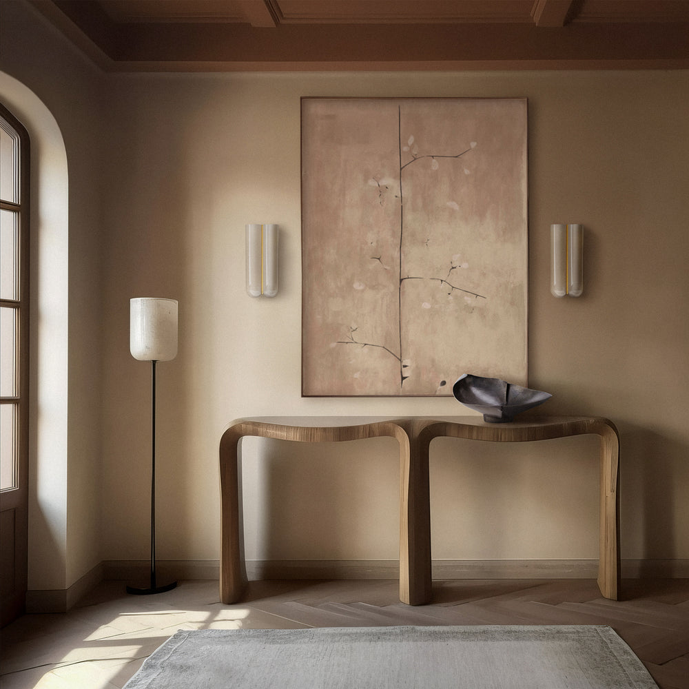 Lemieux et Cie Cheverny Long Sconce shown on either side of the Pétal de Kyoto Limited Edition art print above a console table.