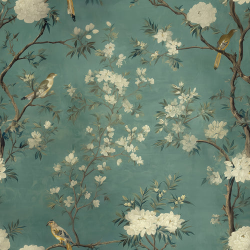 Lemieux et Cie Ciel Bleu peel and stick wallpaper with delicate blossoms and birds, blue and white chinoiserie.