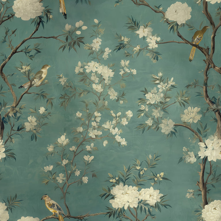 Lemieux et Cie Ciel Bleu peel and stick wallpaper with delicate blossoms and birds, blue and white chinoiserie.