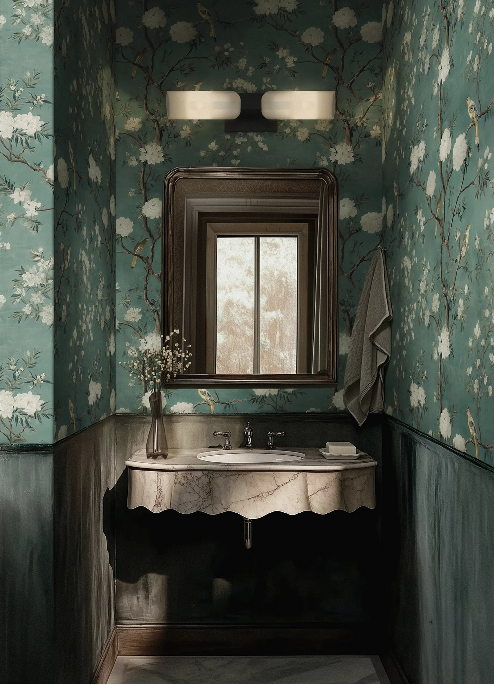 Bathroom interior with a marble sink and framed mirror, featuring a Redfontaine sculpture positioned in front of Lemieux et Cie Canary Blossom green chinoiserie wallpaper with dark florals and birds inspired by de Gournay style wallpaper design.