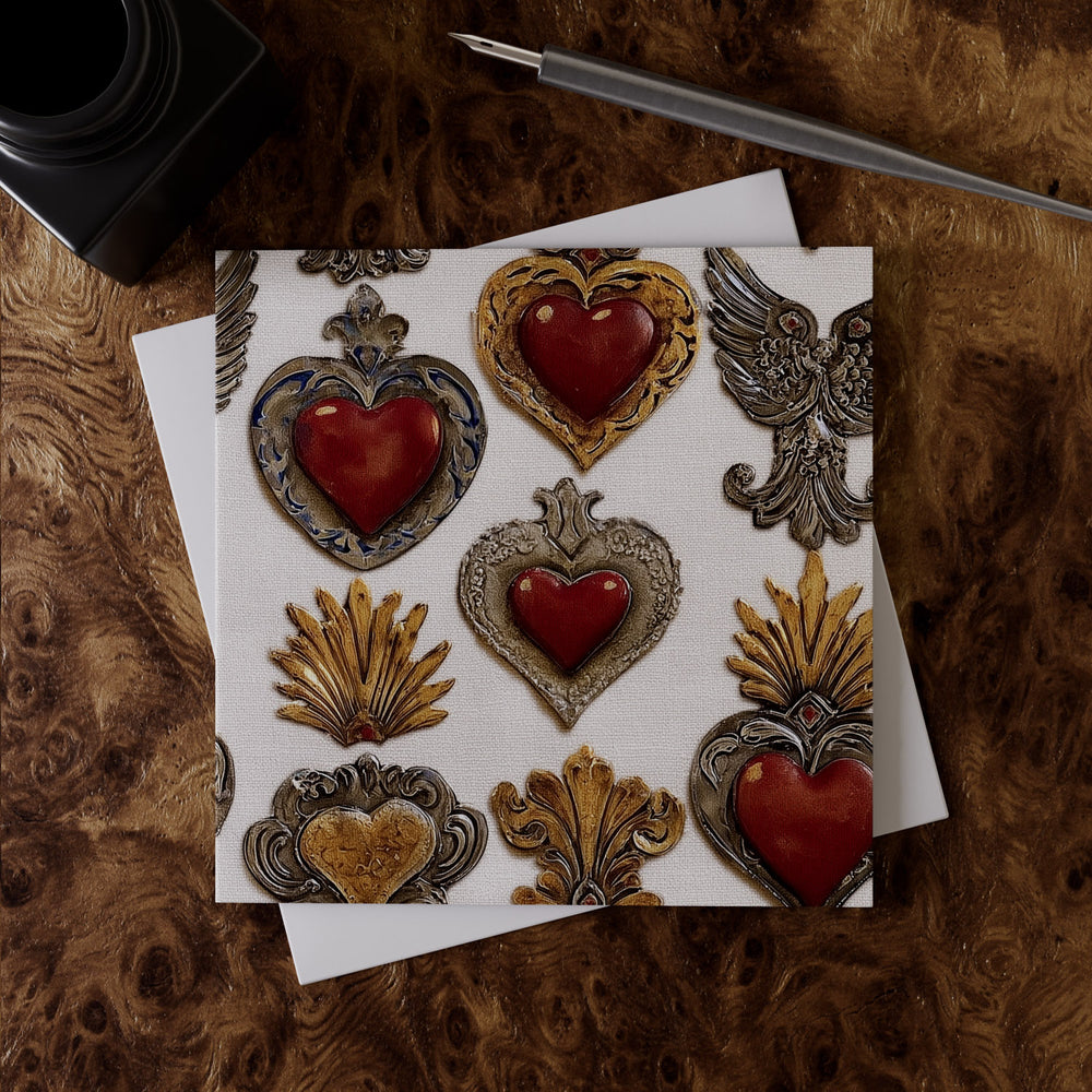 Lemieux et Cie Corazon Sagrado Greeting Card Set featuring hand-painted sacred heart motifs in crimson and gold on linen paper, shown on burl wood desk with envelope