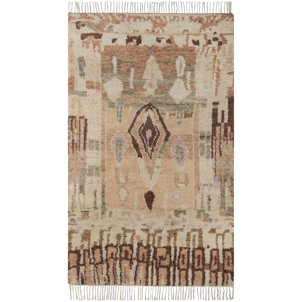 Lemieux et Cie Doukkala Rug in warm neutrals and browns, hand-knotted wool with geometric Moroccan-inspired pattern and fringe, shown on white studio backdrop.