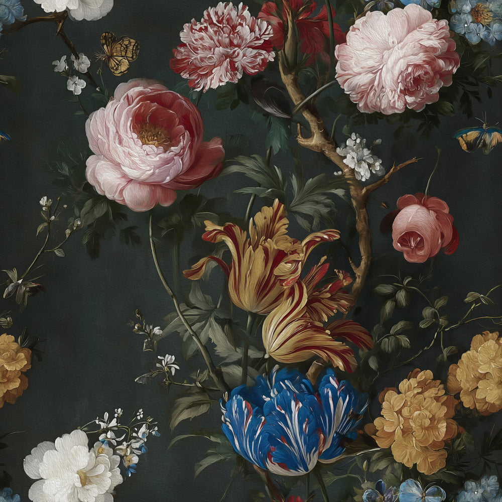 Lemieux et Cie Dutch Rose Wallpaper in dark floral chinoiserie with peonies, tulips, and butterflies, baroque botanical pattern on moody ground.
