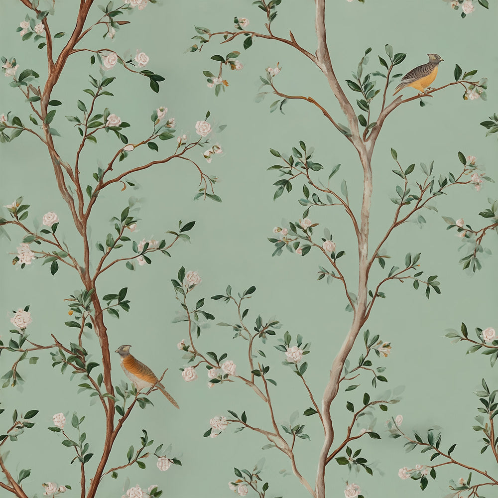 Lemieux et Cie Edelweiss light green chinoiserie peel and stick wallpaper with white blossoms and songbirds, modern chinoiserie wallpaper design.