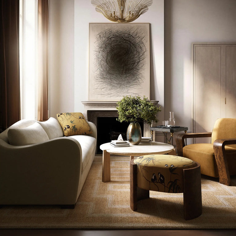 Lemieux et Cie Le Fourré Deux art print in charcoal and graphite on paper, abstract wall art above a fireplace in a neutral sitting room with warm light.