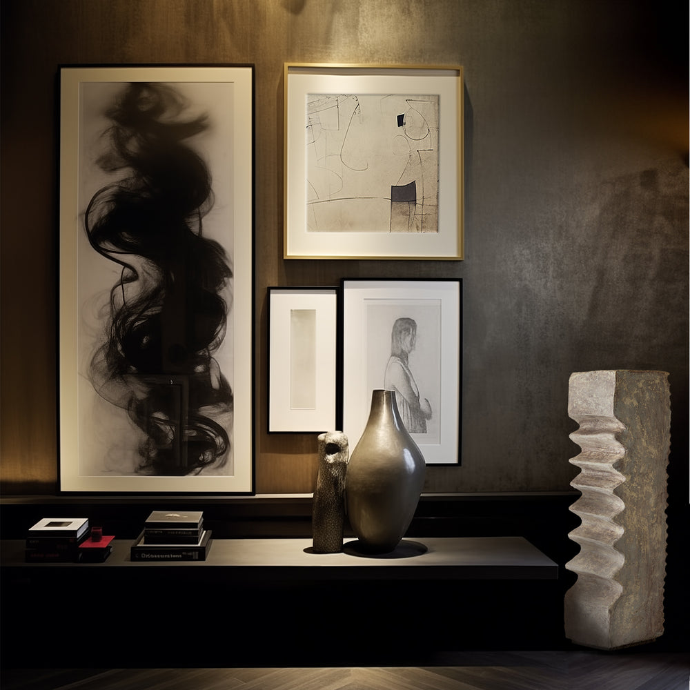 Lemieux et Cie Corentin Candle Holder in dark forged metal with stepped design, styled on a credenza with framed art on textured walls