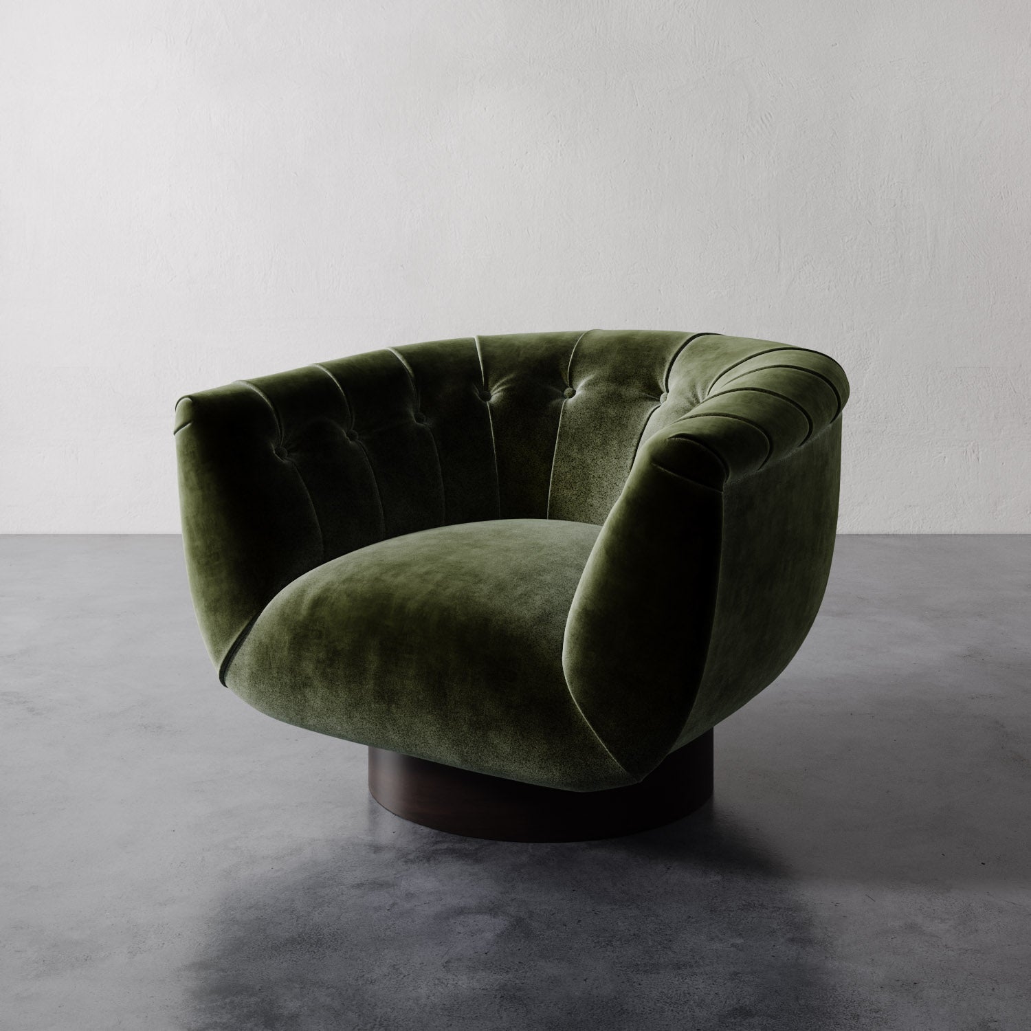 Emerald green Lemieux et Cie Lune Swivel Chair with a rounded tufted back and sculptural form set against a white wall.
