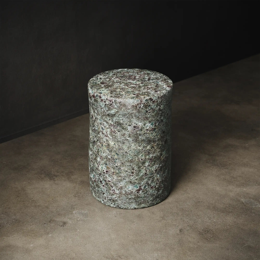Oxidized Jade ceramic stool and end table with reactive glaze. Handmade for indoor and outdoor use. 
