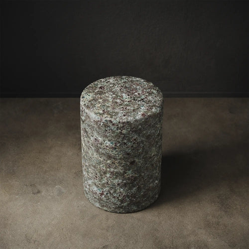 Oxidized Jade ceramic stool and end table with reactive glaze. Handmade for indoor and outdoor use. 