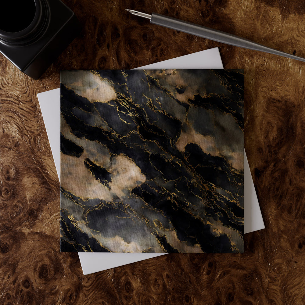 Lemieux et Cie Blue Lapis Greeting Card Set in dark blue with warm gold veining, printed on linen paper, shown on wood burl surface.