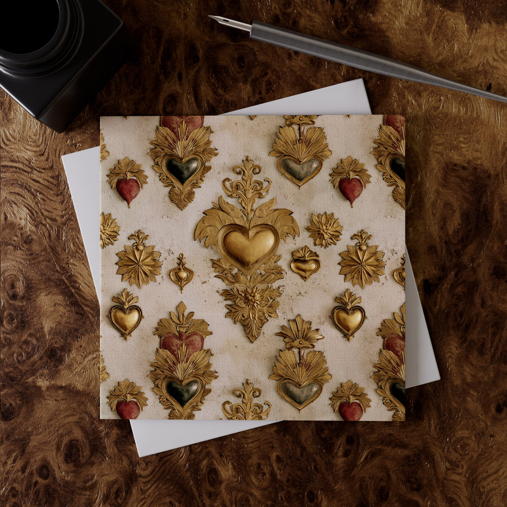 Lemieux et Cie Sacred Heart Greeting Card Set with ornate heart motifs printed on linen paper, shown on warm wood surface beside pen and envelope.