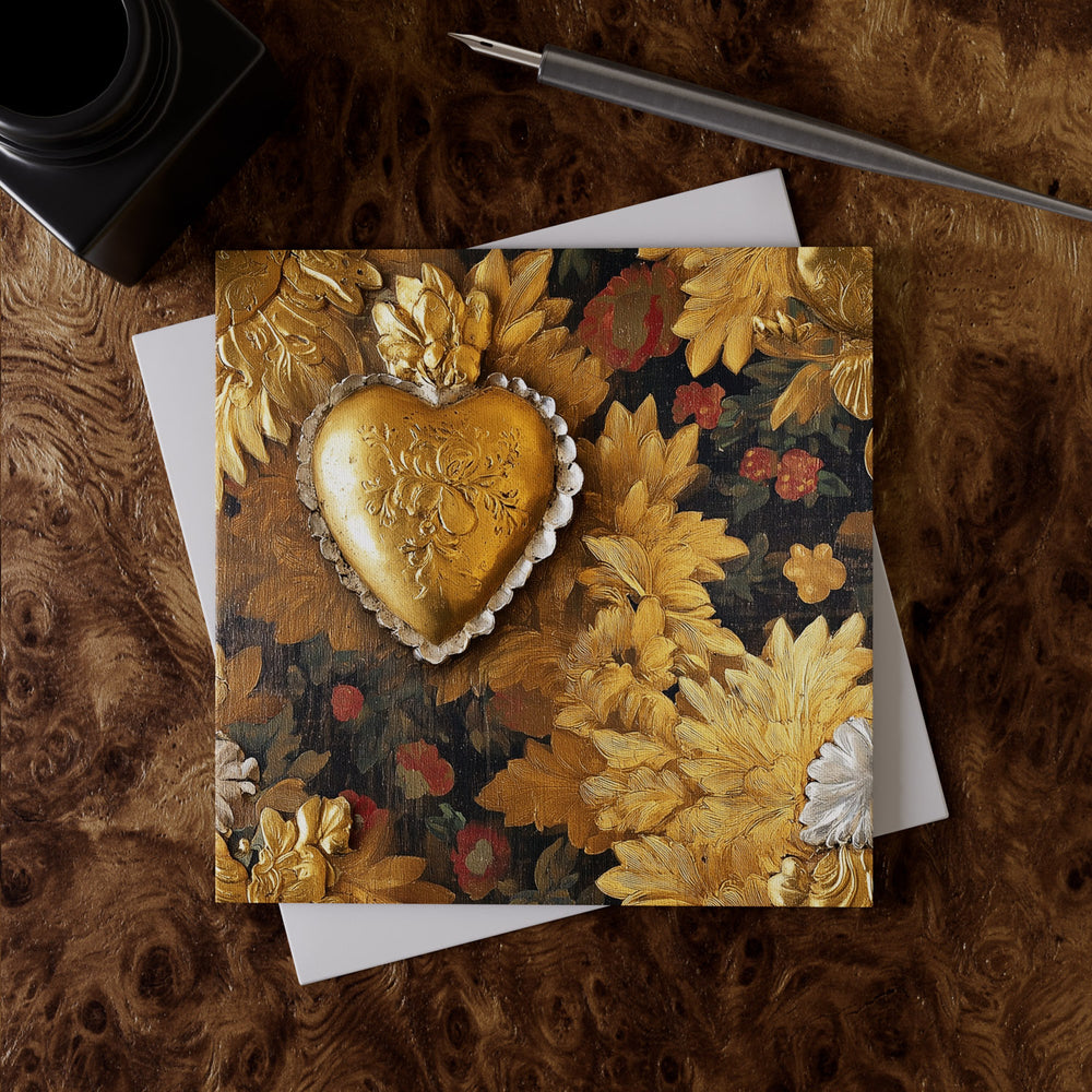 Lemieux et Cie Victorian Locket Greeting Card Set with golden heart locket and floral motif on fine art linen paper, shown on rich burl wood desktop.