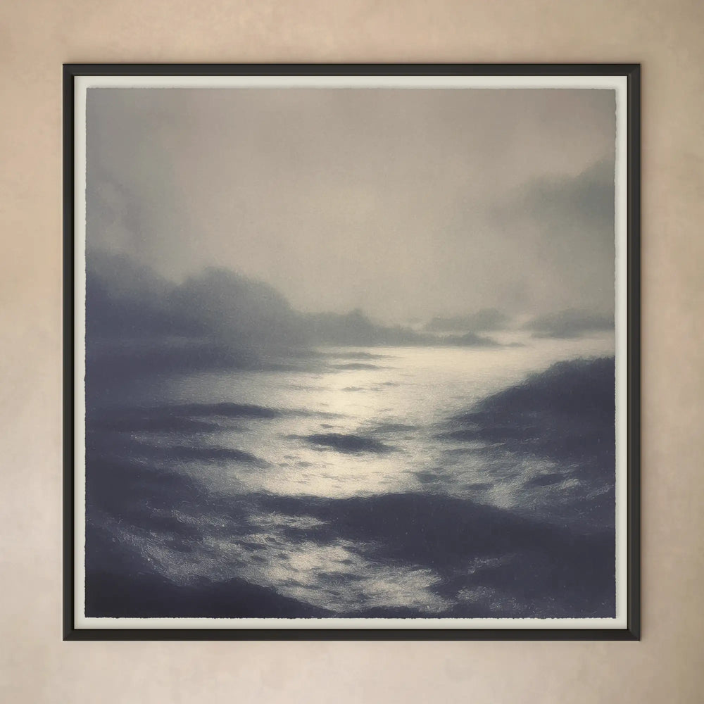 Lemieux et Cie Cabourg Limited Edition Art Print, square framed artwork depicting misty seascape in blue and grey tones, hung on neutral plaster wall.