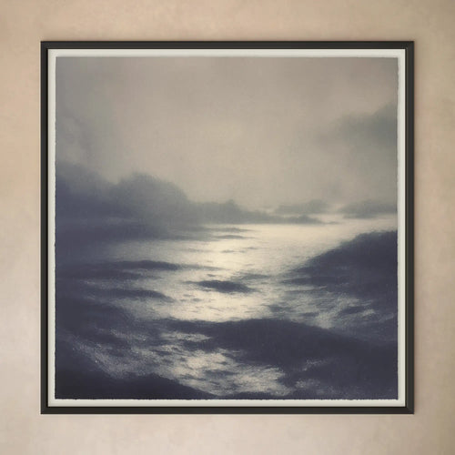 Lemieux et Cie Cabourg Limited Edition Art Print, square framed artwork depicting misty seascape in blue and grey tones, hung on neutral plaster wall.