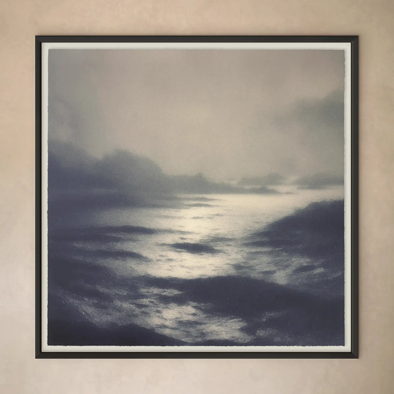Lemieux et Cie Cabourg Limited Edition Art Print, square framed artwork depicting misty seascape in blue and grey tones, hung on neutral plaster wall.