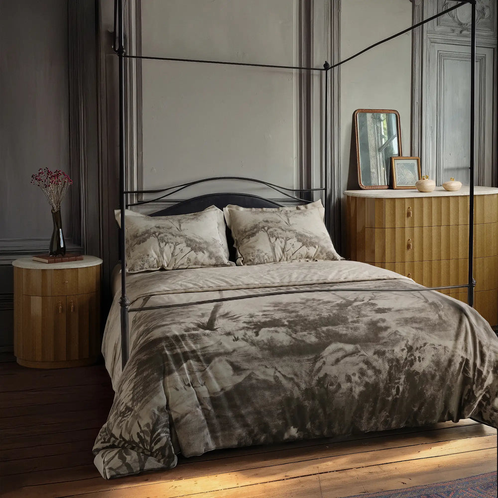 Lemieux et Cie Provençal Scenic Landscape percale duvet cover queen, best sheets for hot sleepers. Styled with the Ondara dresser and nightstand