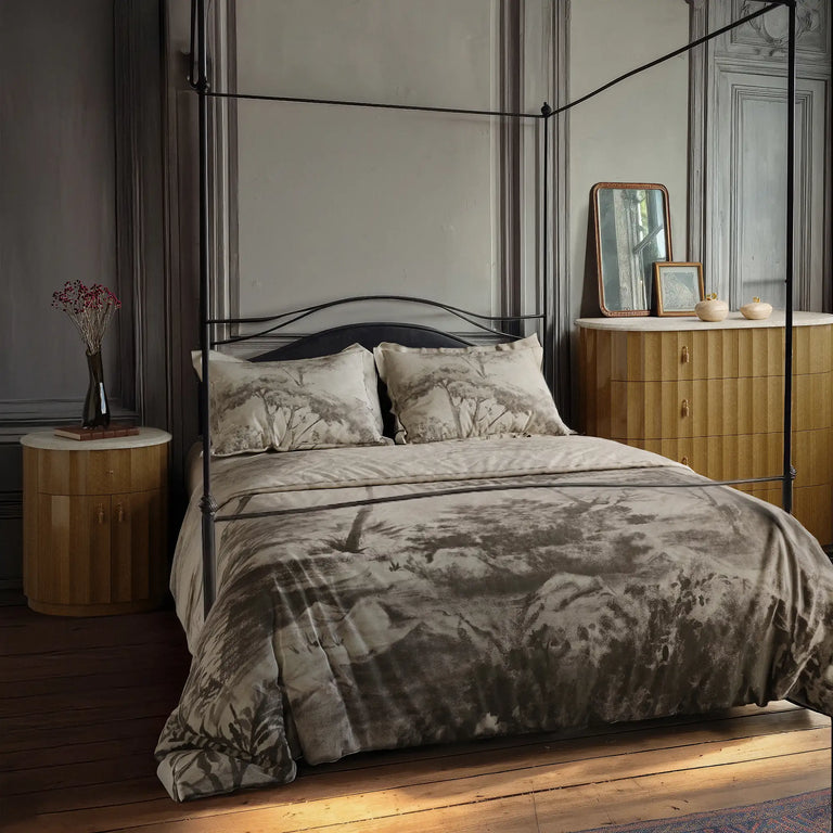 Lemieux et Cie Provençal Scenic Landscape percale duvet cover queen, best sheets for hot sleepers. Styled with the Ondara dresser and nightstand