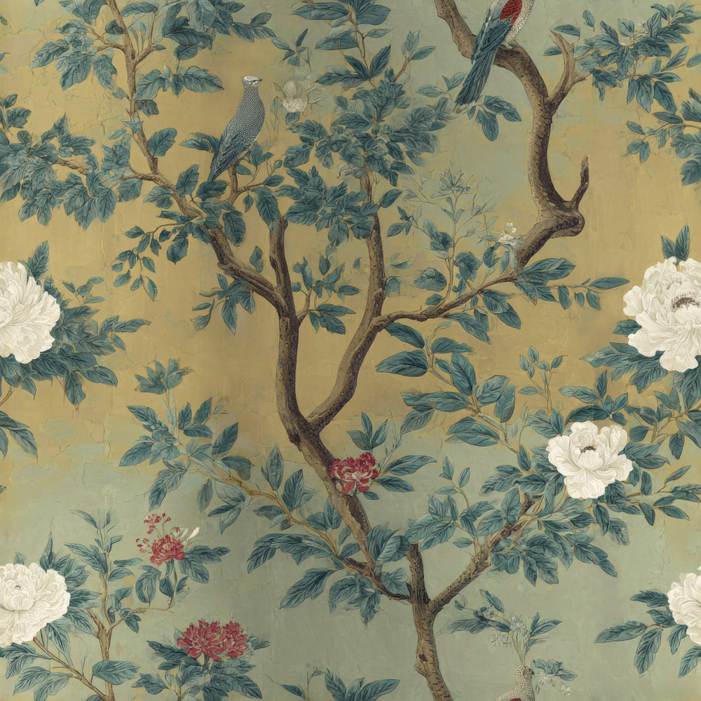 Lemieux et Cie Fresco Floral antique chinoiserie wallpaper with weathered finish and birds, vintage chinoiserie mural design.