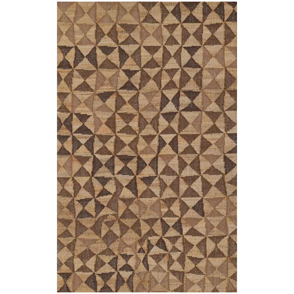 Lemieux et Cie Cornet rug in warm earth tones, geometric triangular pattern, shown on white studio backdrop.