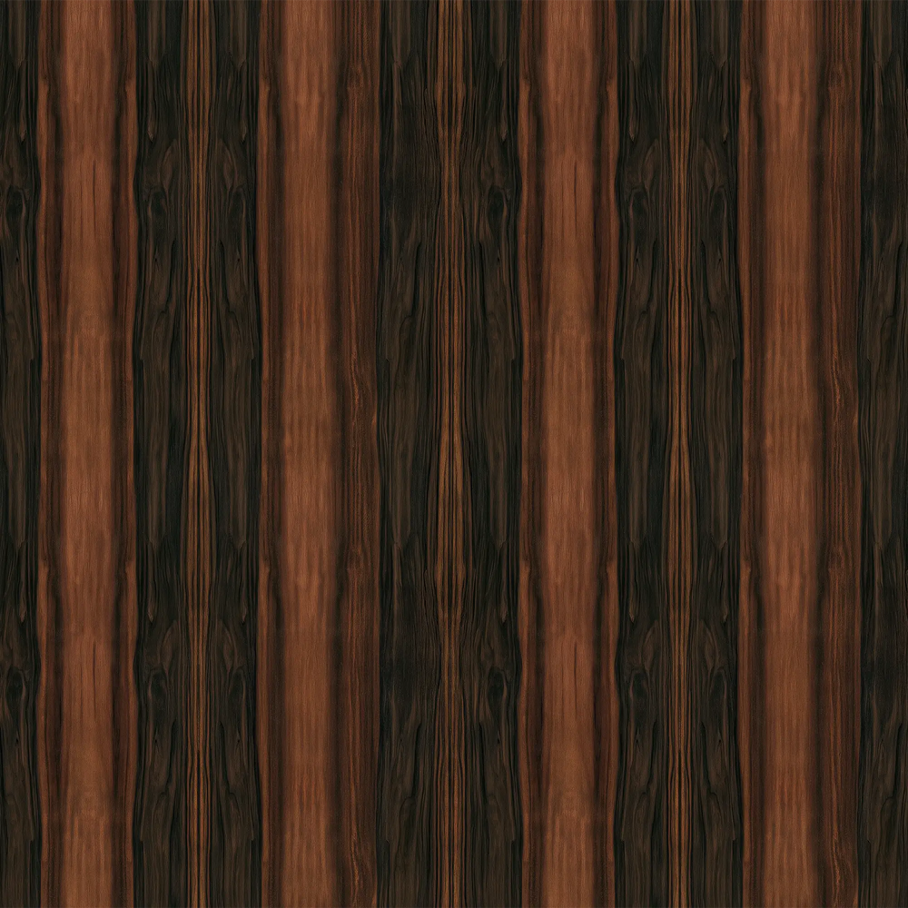 Lemieux et Cie Grand Panel Macassar Wood peel and stick wallpaper featuring bold ebony striping and rich, high-contrast dark brown grain in a vertical panel effect.
