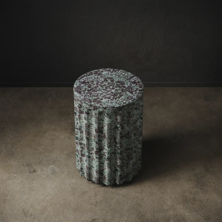 Hashira Stool / End Table by Lemieux et Cie in Oxidized Jade reactive glaze with fluted ceramic form and aged-metal green and oxblood finish. 