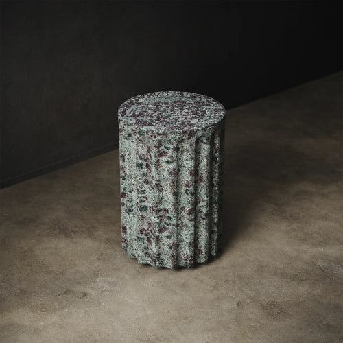 Hashira Stool / End Table by Lemieux et Cie in Oxidized Jade reactive glaze with fluted ceramic form and aged-metal green and oxblood finish. 