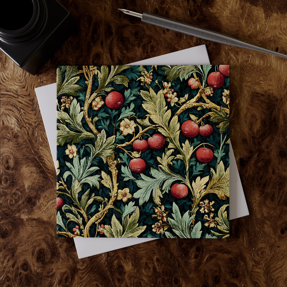 Lemieux et Cie Holly Berries Greeting Card Set, botanical motif with red fruit and green foliage on dark ground, styled on burl wood desk with pen.