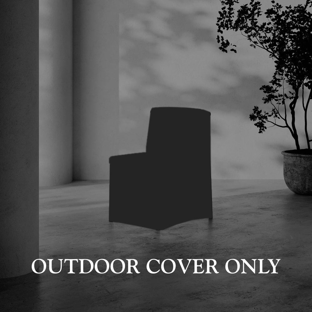 Lemieux et Cie Hudson Dining Chair Outdoor Cover, protective furniture cover shown on stone floor beneath a columnar overhang, potted tree nearby.