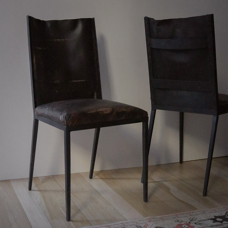 Beautifully Patinaed Vintage Leather and Iron Dining Chairs in the Manner of Jean-Michel Frank - 6 Available