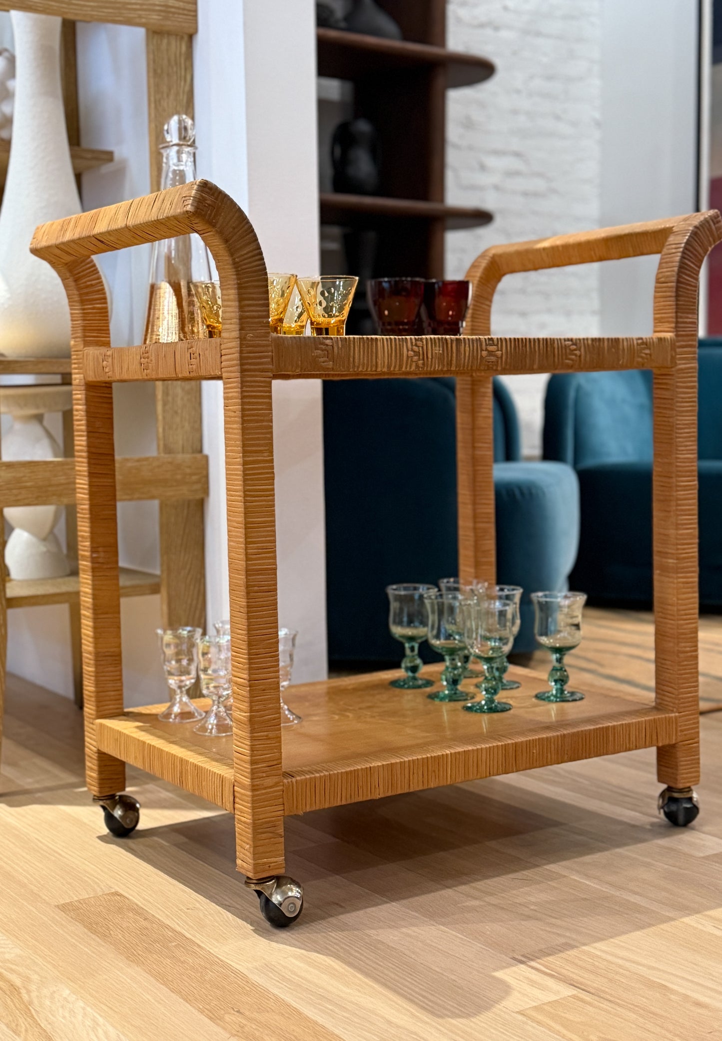 Wicker Bar Cart in the manner of Gabriella Crespi