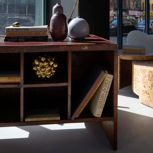 close up of leather top of Pierre Jeanneret original pigeonhole desk with oxblood leather top. circa 1957 - 1958, for Chandigarh projects