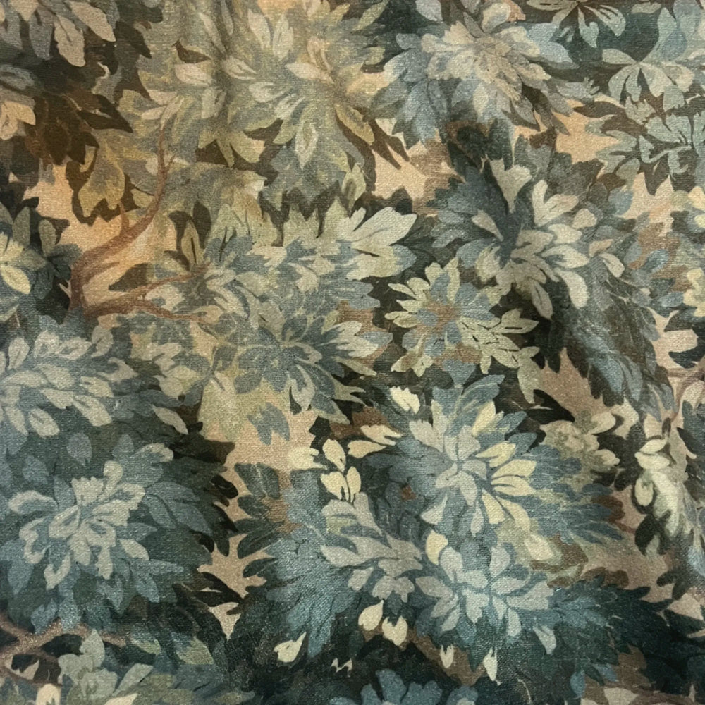 Lemieux et Cie Verdure Velvet Pillow in layered green, blue and taupe, decorative pillow with floral tapestry motif, close detail of performance velvet texture