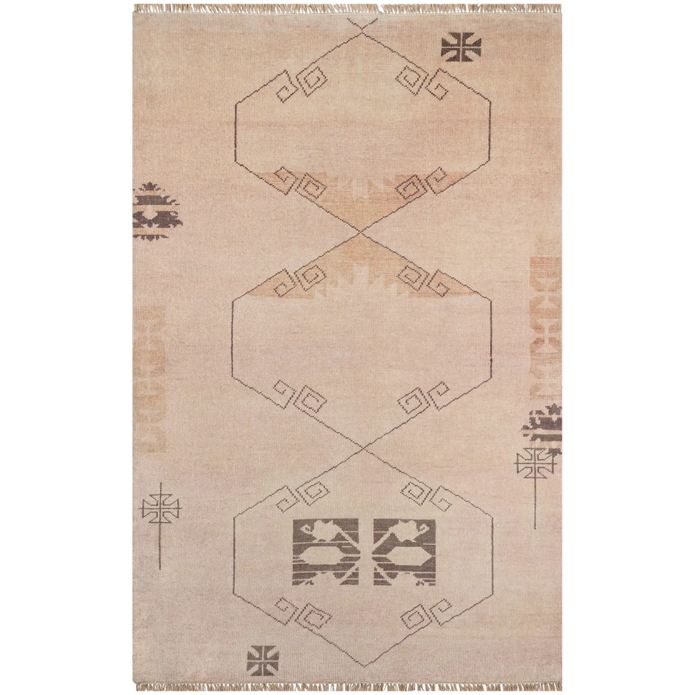Lemieux et Cie Kouang rug in dusty neutral tones with geometric hexagonal motifs, hand-knotted wool with whisper-thin pile, shown on white studio backdrop with fringed edges.