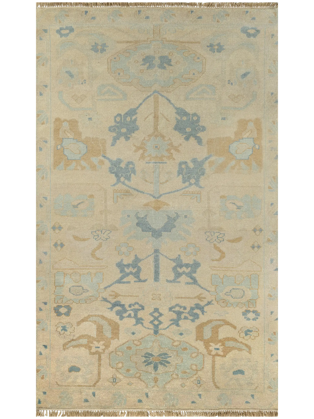 Lemieux et Cie Kouang rug in dusty neutral palette with soft blue and tan motifs, hand-knotted wool with whisper-thin pile, shown on white studio backdrop.