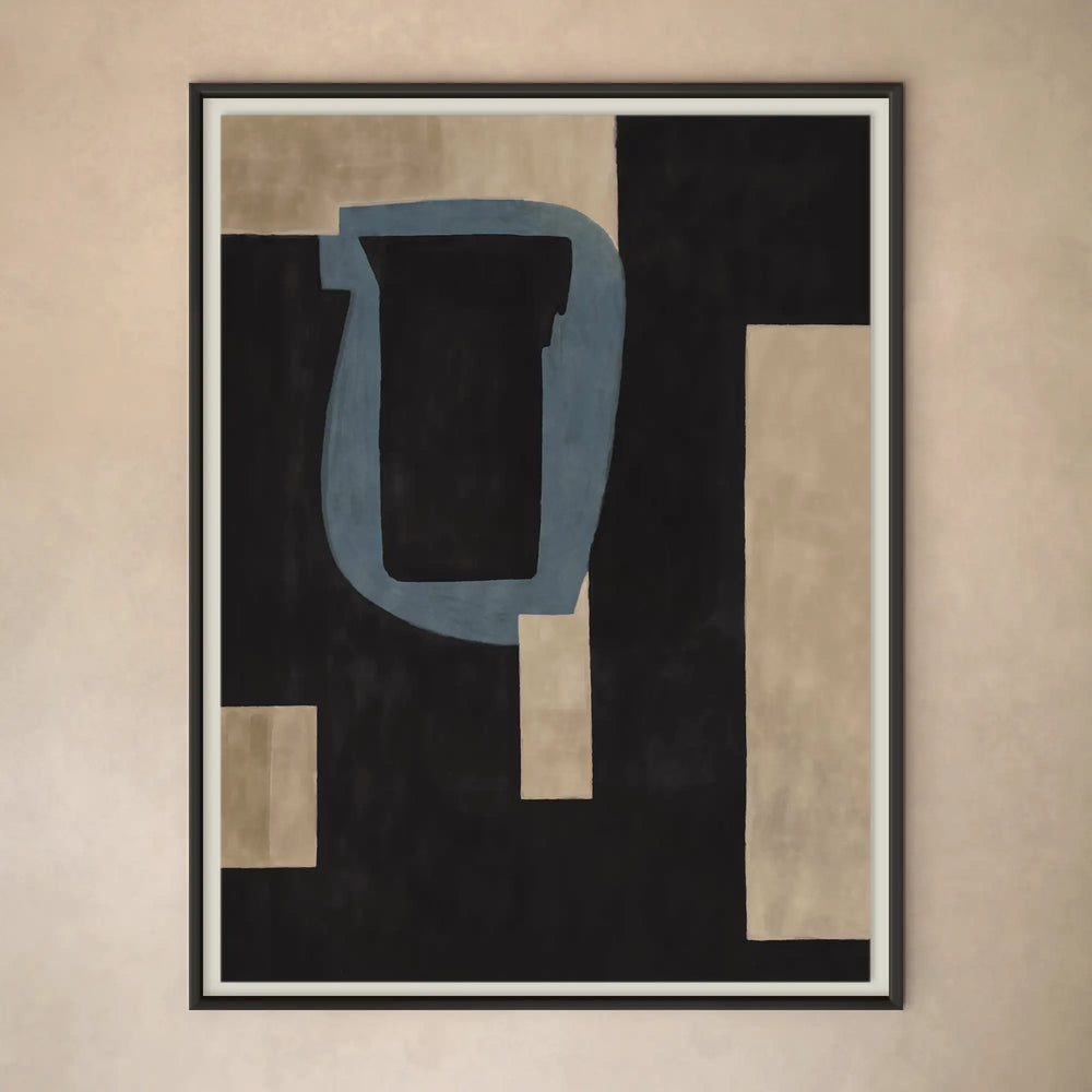Lemieux et Cie L'Étang fine art print in black, blue and warm neutral tones, geometric abstract composition in dark frame against neutral plaster wall.