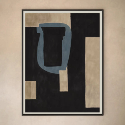 Lemieux et Cie L'Étang fine art print in black, blue and warm neutral tones, geometric abstract composition in dark frame against neutral plaster wall.