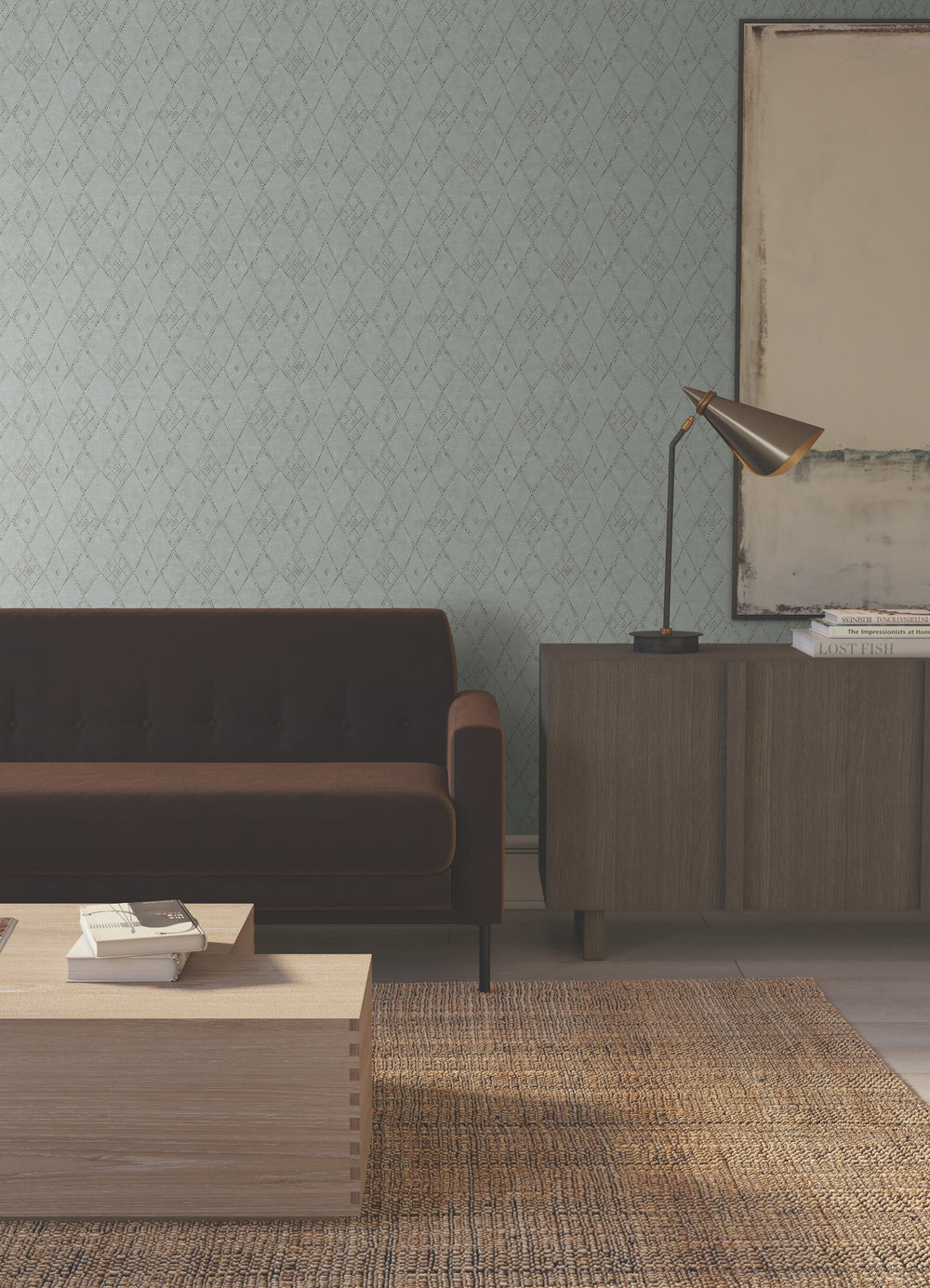 Lemieux et Cie Souk Diamonds wallpaper in taupe brown with charcoal gray, handpainted diamond pattern, shown in sitting room with wood credenza and patterned wallcovering.