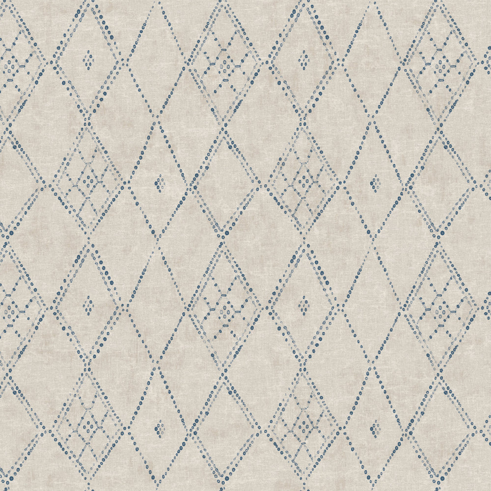 Lemieux et Cie Souk Diamonds in taupe brown and denim blue, handpainted organic linen textile swatch with diamond geometric pattern shown flat.